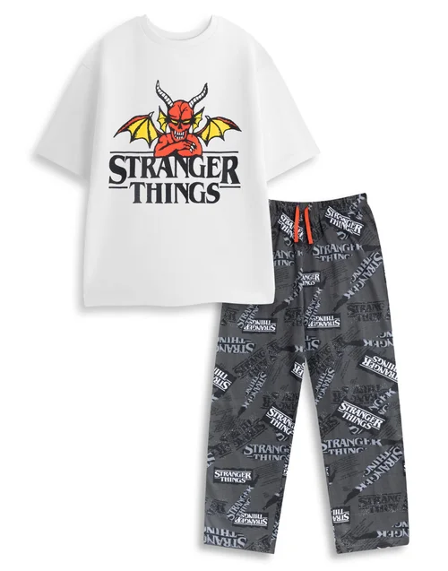 Vanilla Underground Stranger Things Logo Adults White S/Sleeve Long Leg Pyjama Set - Extra Large Image 1