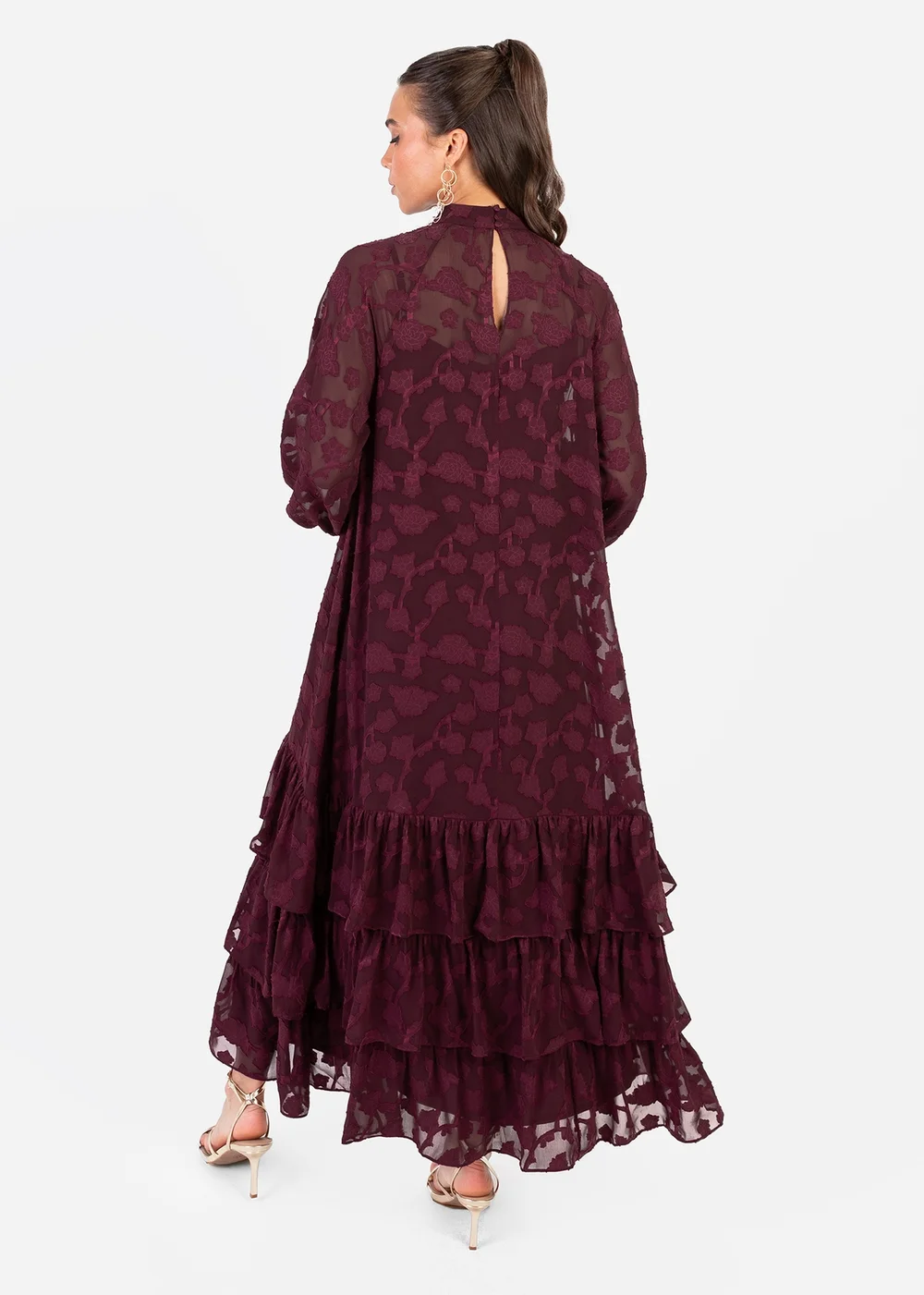 Anaya With Love Maroon Burnout Long Sleeve Trapeze Midaxi Dress - 6 Image 2