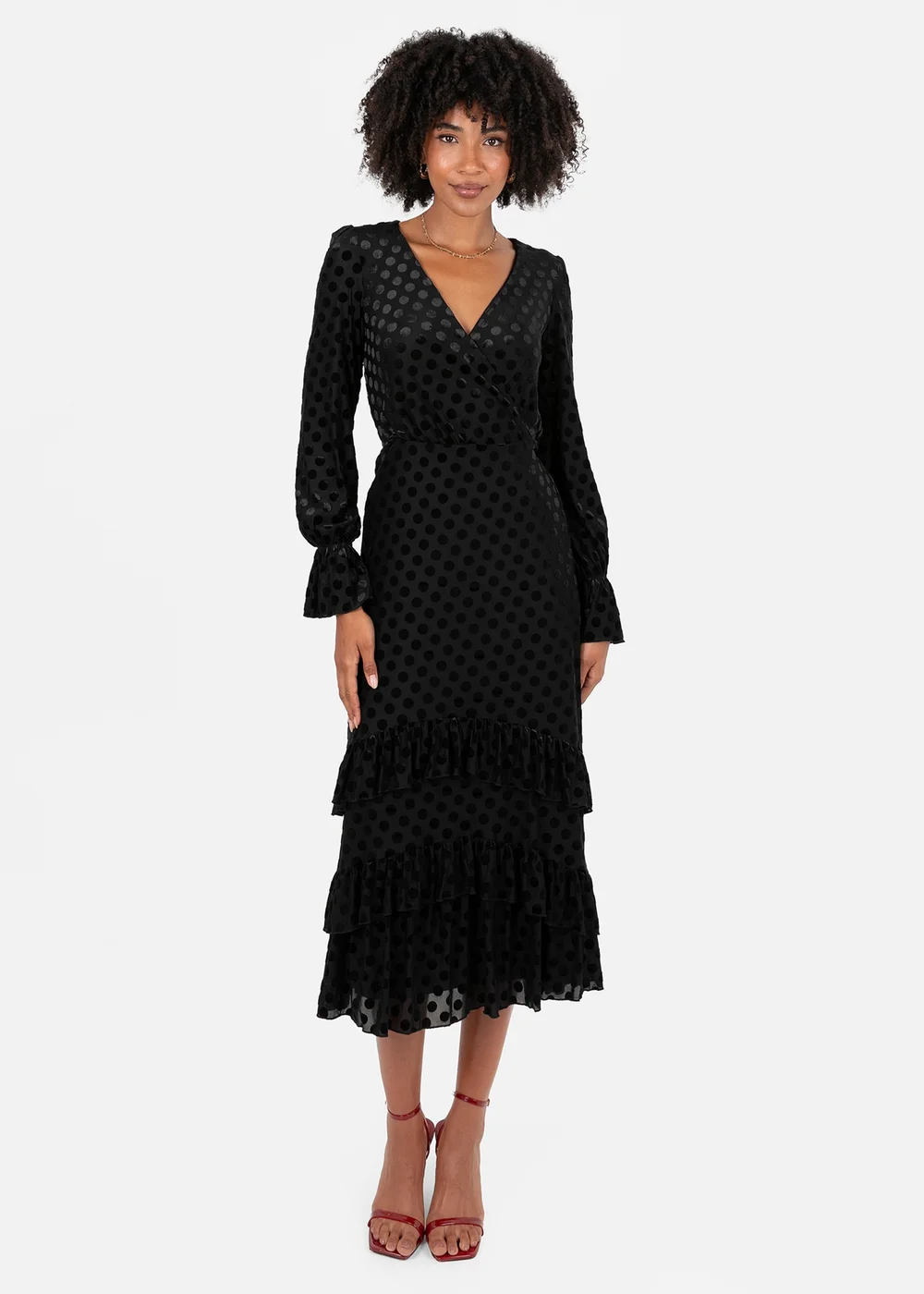 Lovedrobe Black Flocked Polka Dot Midaxi Dress - 22 Image 1