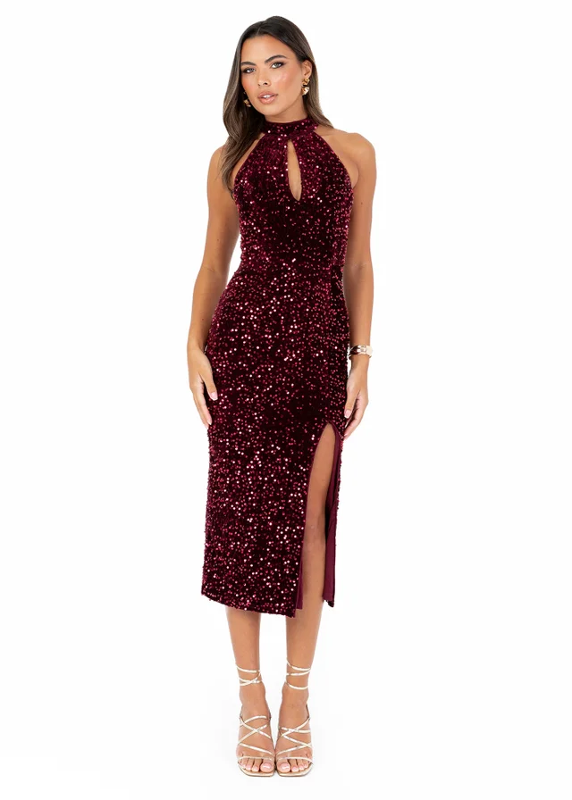 Maya Deluxe Burgundy Embellished Velvet Halter Neck Midi Dress