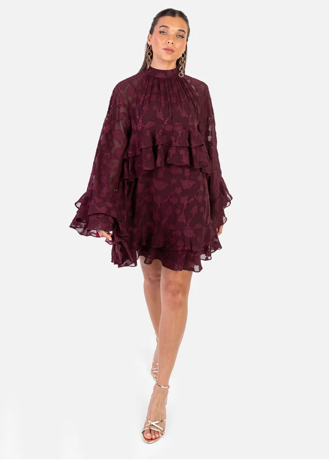 Anaya With Love Maroon Burnout Flared Long Sleeve Mini Dress