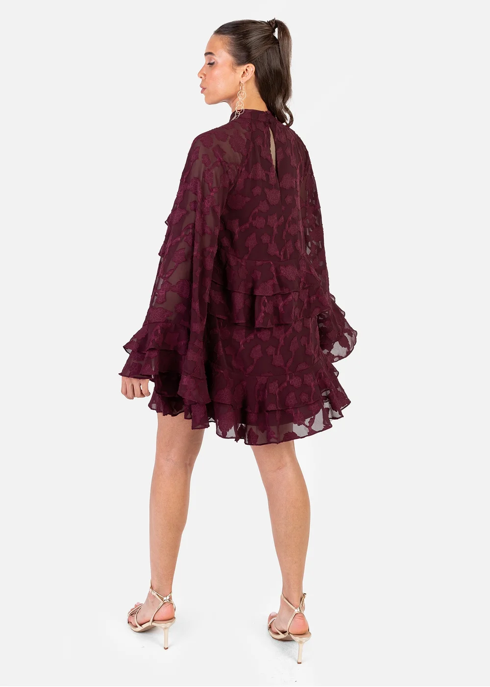Anaya With Love Maroon Burnout Flared Long Sleeve Mini Dress - 14 Image 2
