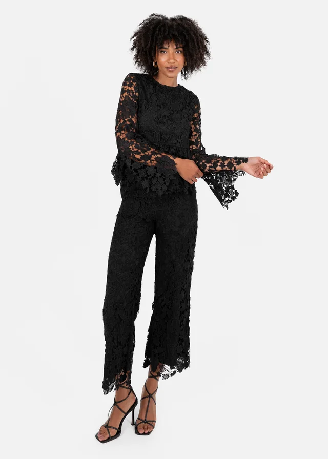 Lovedrobe Black Floral Lace Bell Sleeve Peplum Top