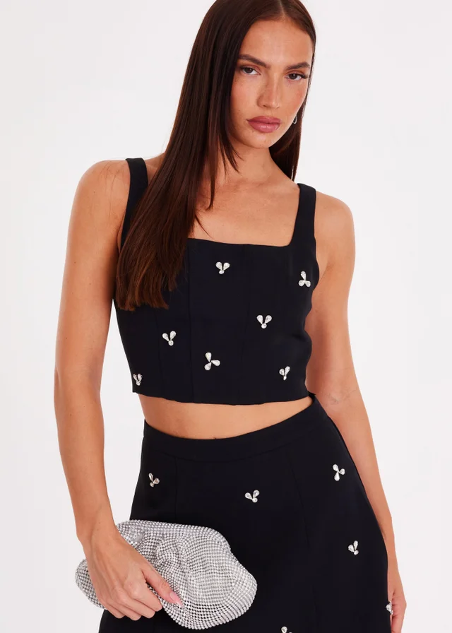Quiz Black Embellished Square Neck Top
