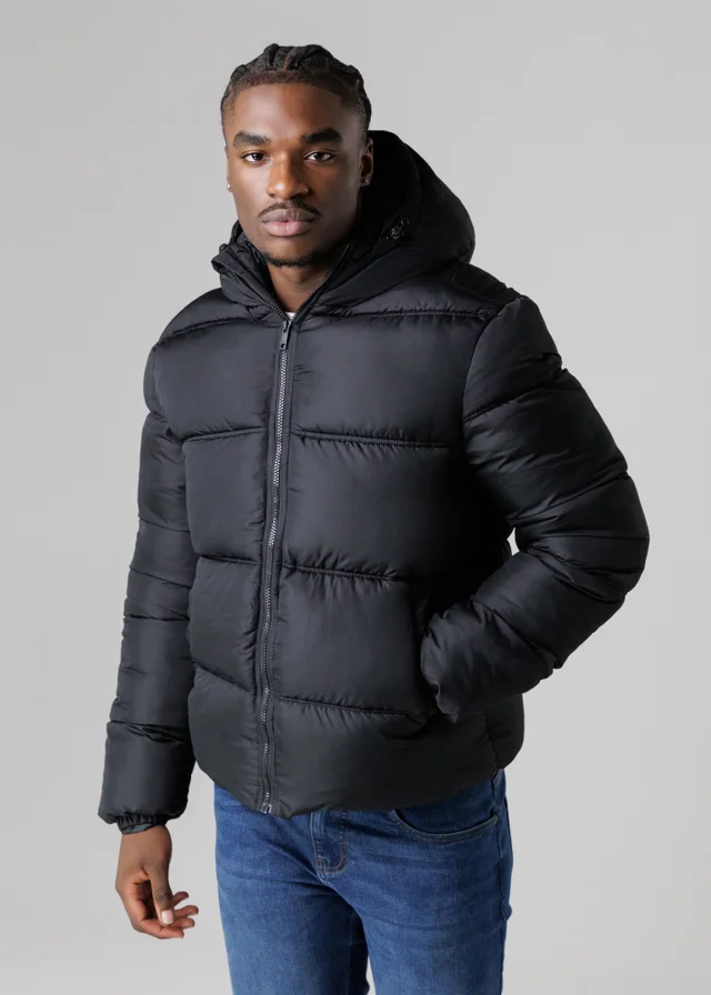 French Connection Black Hooded Puffer Jacket with High Neck