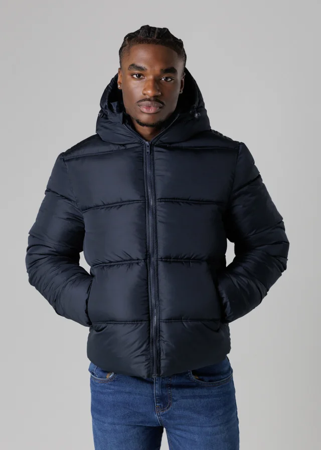 French Connection Navy Hooded Puffer Jacket with High Neck