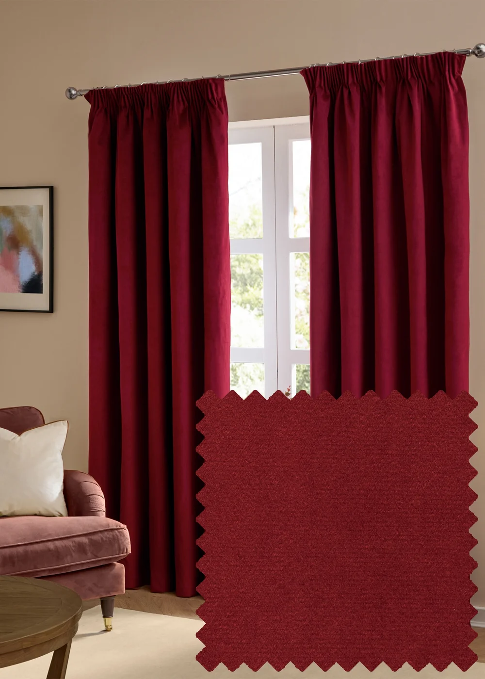 Furn The Ultimate Velvet Blackout Pencil Pleat Curtain Pair Burgundy - 46W X 54D (117x137cm Image 1