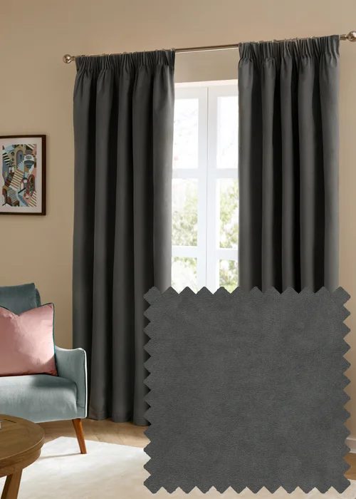 Furn The Ultimate Velvet Room Darkening Pencil Pleat Curtain Pair Charcoal - 46W X 54D (117x137cm Image 1
