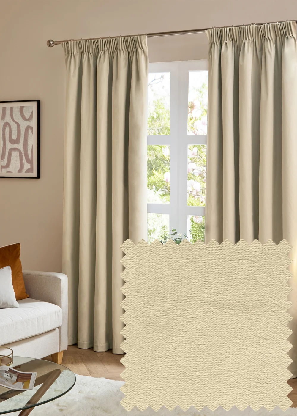 Furn The Ultimate Velvet Room Darkening Pencil Pleat Curtain Pair Natural - 46W X 54D (117x137cm Image 1