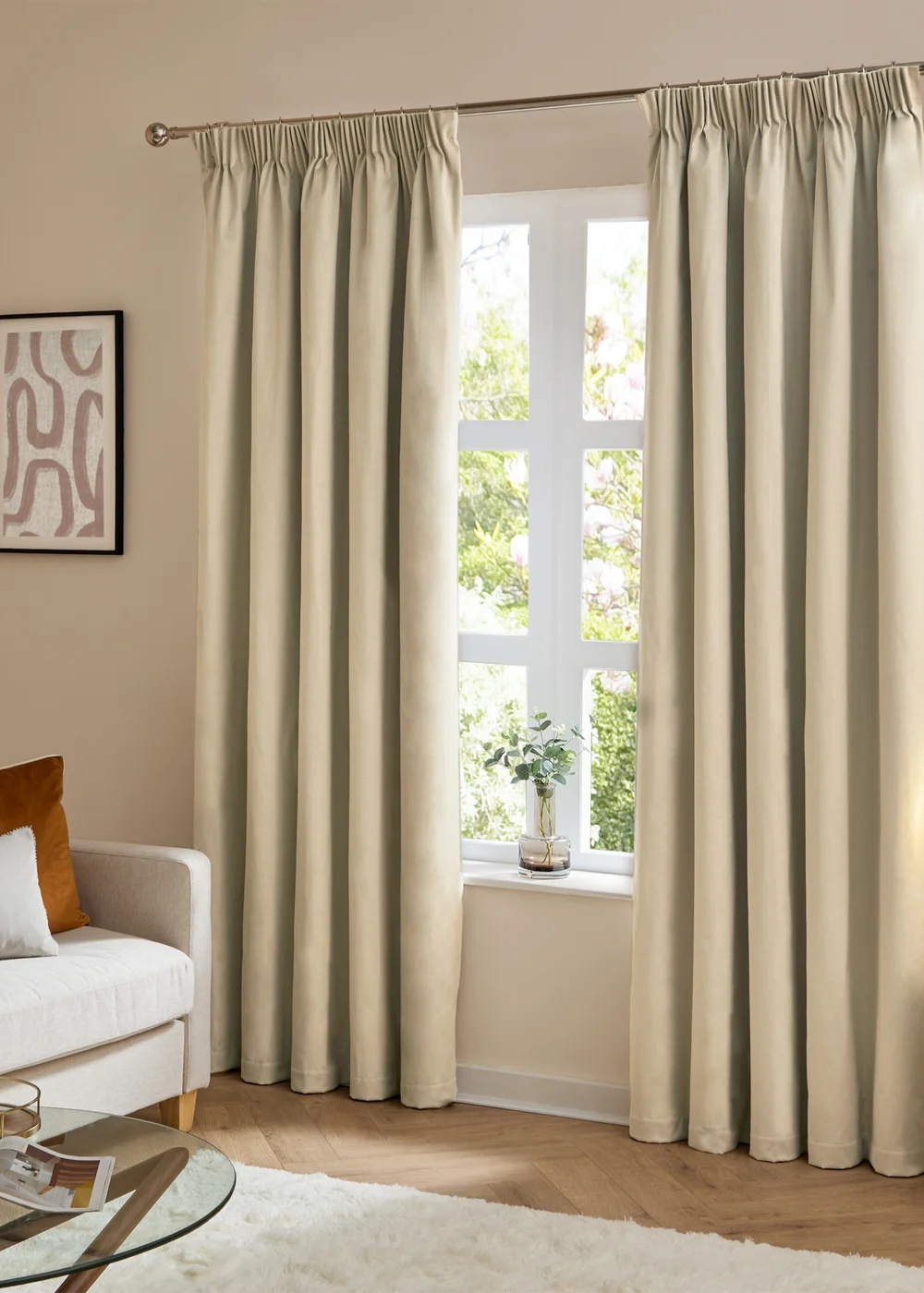 Furn The Ultimate Velvet Room Darkening Pencil Pleat Curtain Pair Natural - 46W X 54D (117x137cm Image 2