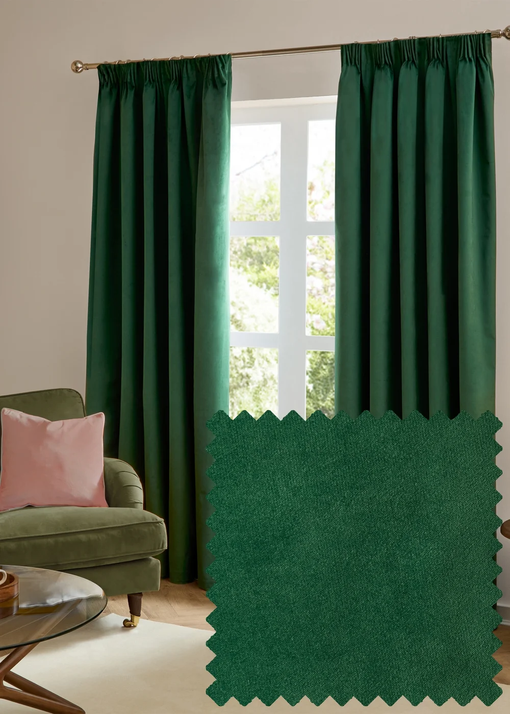 Furn The Ultimate Velvet Room Darkening Pencil Pleat Curtain Pair Emerald - 46W X 54D (117x137cm Image 1