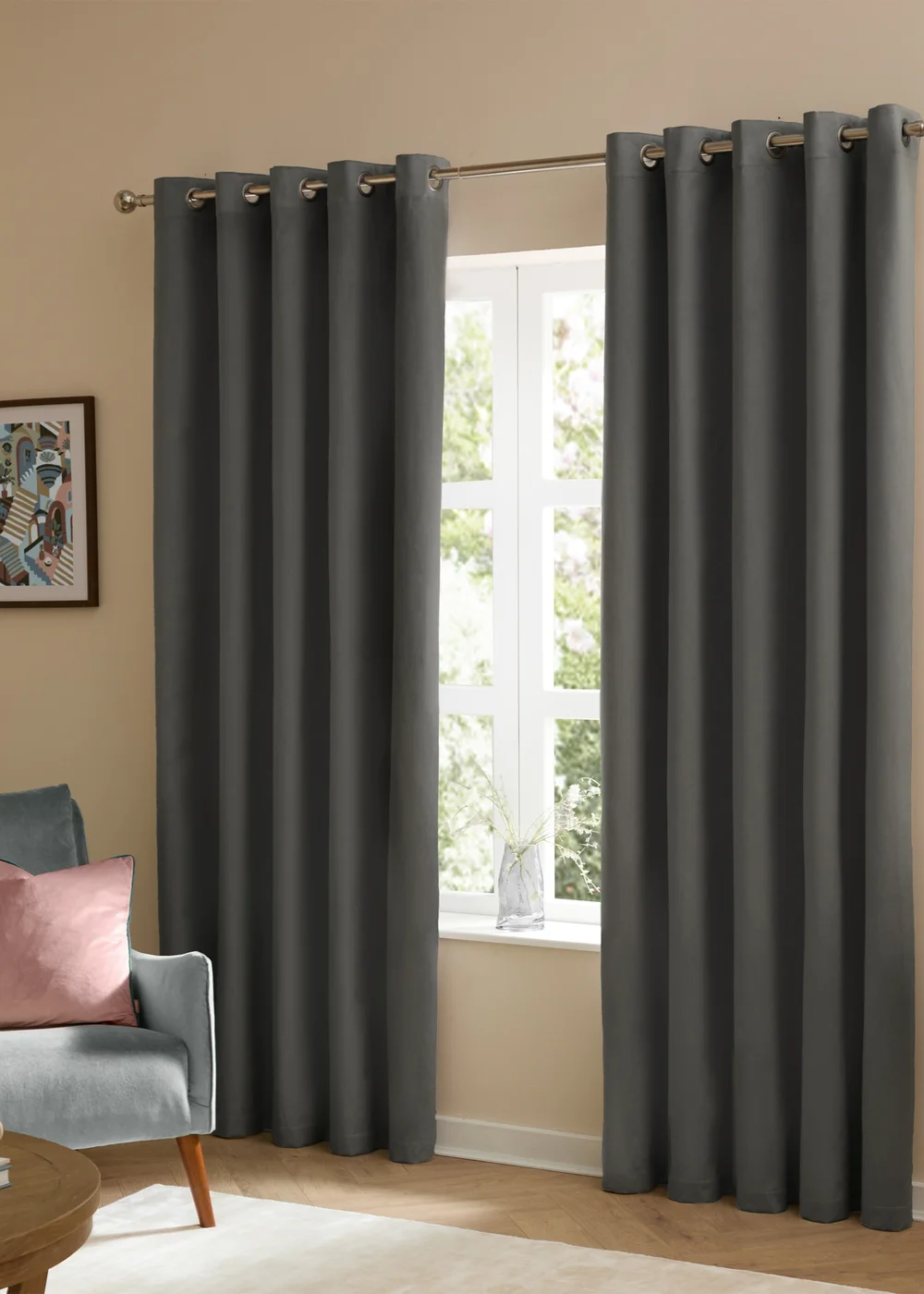 Furn The Ultimate Velvet Room Darkening Eyelet Curtain Pair Charcoal - 46W X 54D (117x137cm Image 2