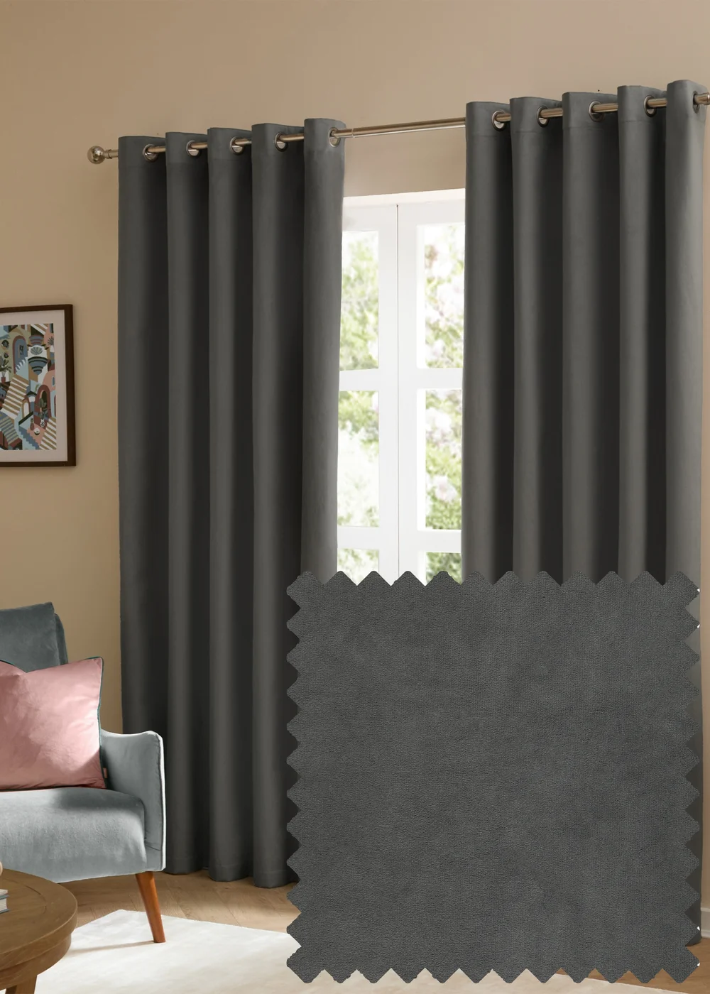 Furn The Ultimate Velvet Room Darkening Eyelet Curtain Pair Charcoal - 46W X 54D (117x137cm Image 1
