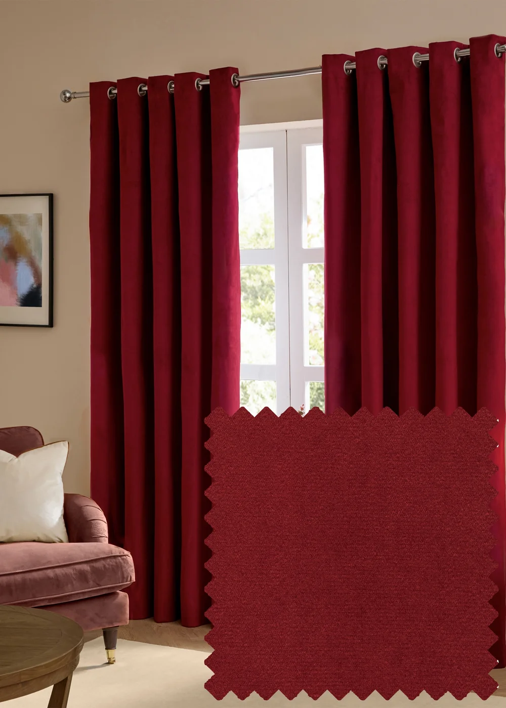 Furn The Ultimate Velvet Room Darkening Eyelet Curtain Pair Burgundy - 46W X 54D (117x137cm Image 1