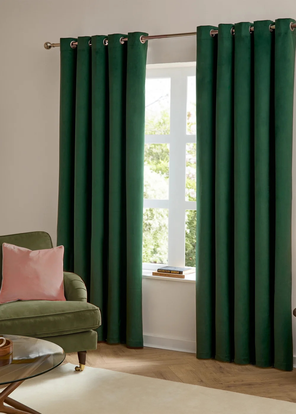 Furn The Ultimate Velvet Room Darkening Eyelet Curtain Pair Emerald - 46W X 54D (117x137cm Image 2