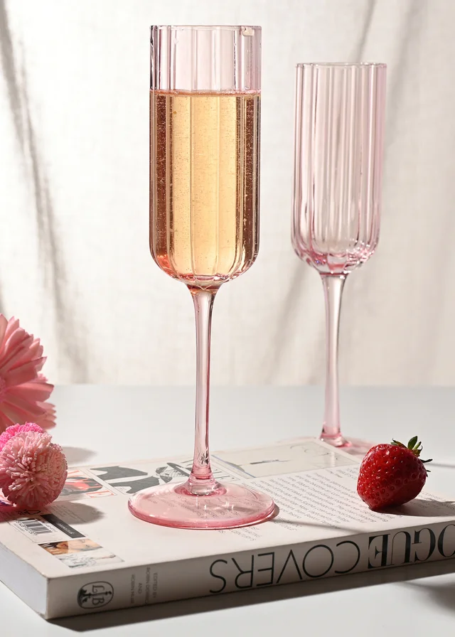 Hestia Bright Pink Scalloped Glass Champagne Flutes Set of 2