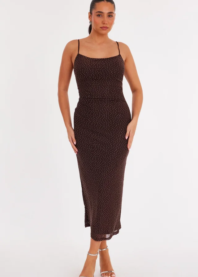 Quiz Brown Diamante Mesh Midaxi Dress