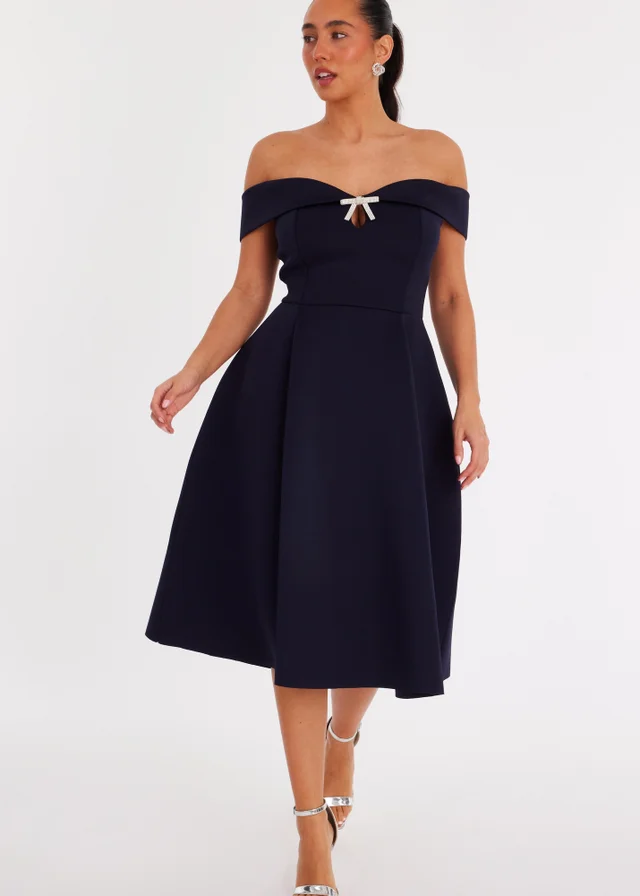 Quiz Navy Bardot Diamante Bow Midi Dress