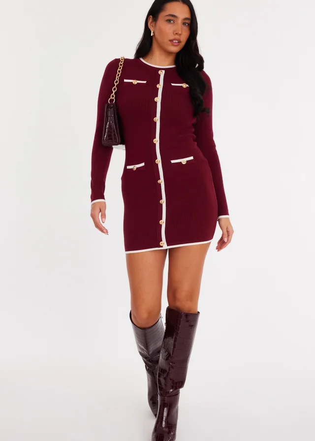 Quiz Burgundy Contrast Knit Mini Dress