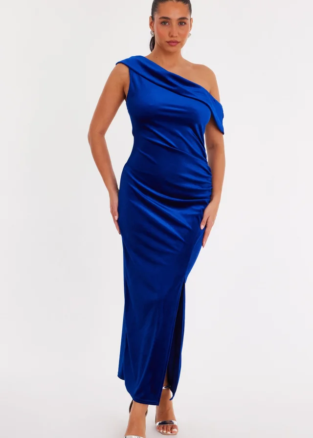 Quiz Blue Velvet One Shoulder Midaxi Dress