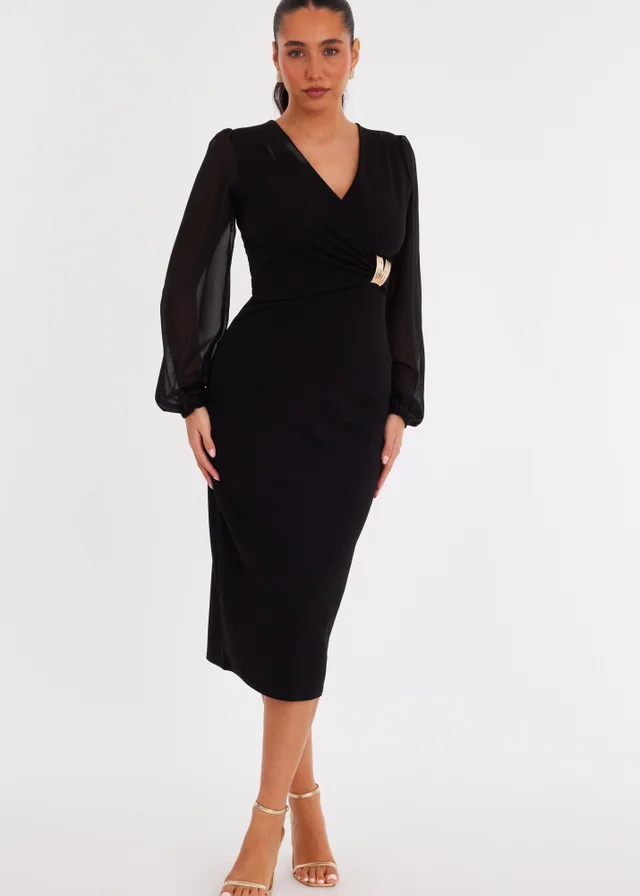 Quiz Black Buckle Wrap Midi Dress