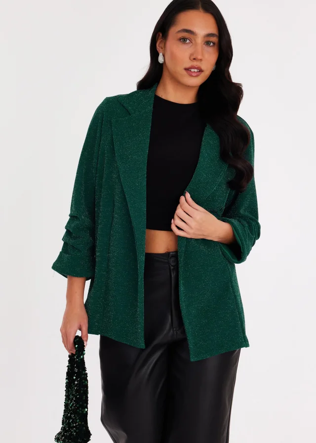 Quiz Green Glitter Ruched Sleeve Blazer