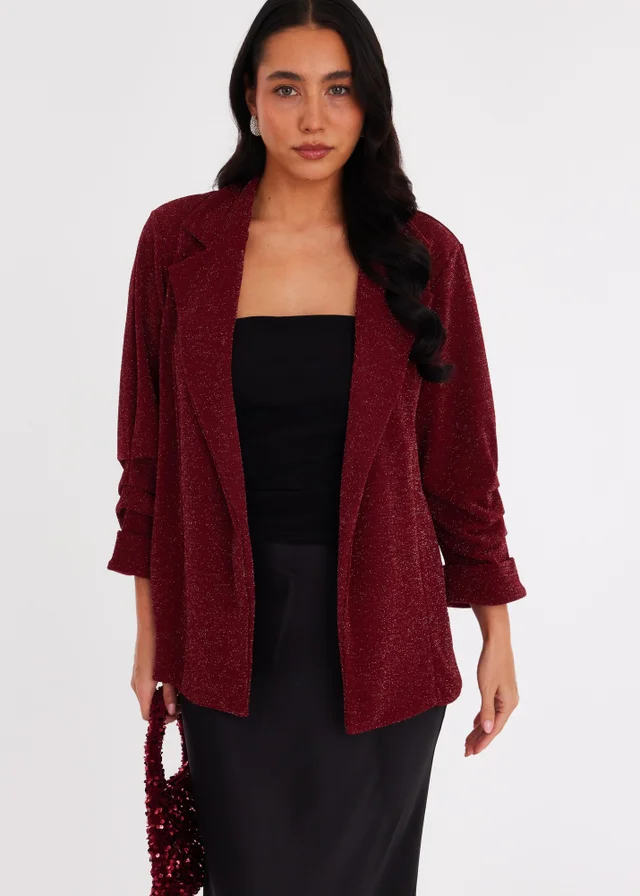 Quiz Burgundy Glitter Ruched Sleeve Blazer