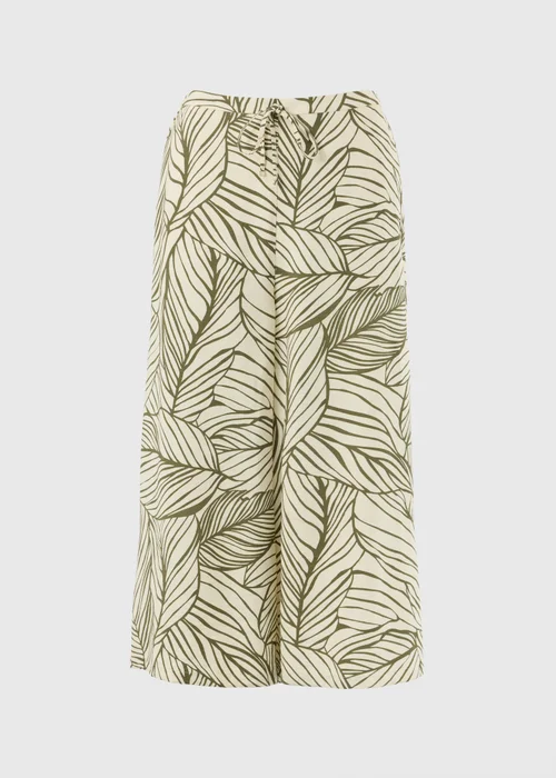 Khaki Leaf Print Twill Wide Leg Culotte Trousers - 22 Image 4