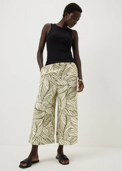 Khaki Leaf Print Twill Wide Leg Culotte Trousers - 22 Image 1