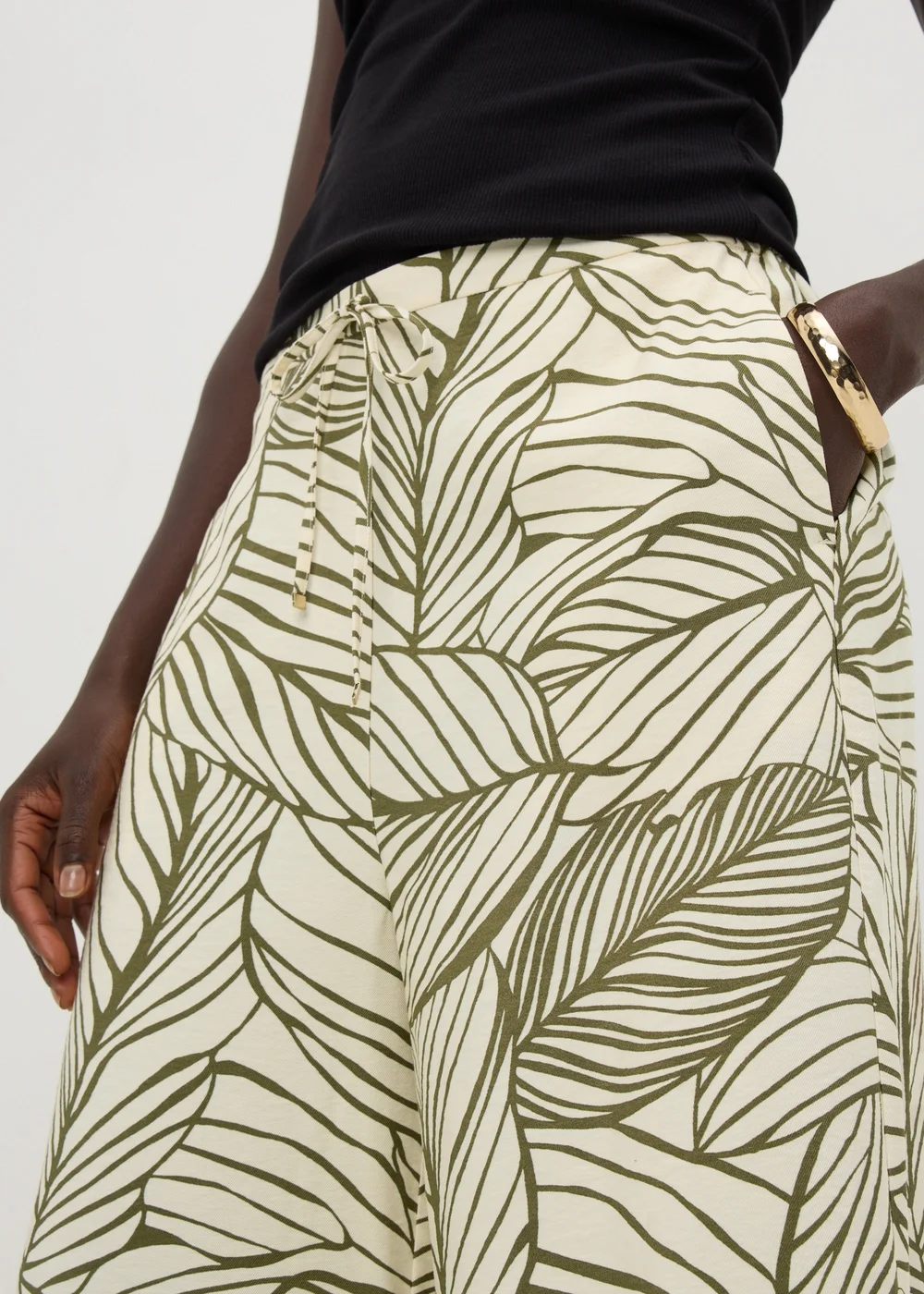 Khaki Leaf Print Twill Wide Leg Culotte Trousers - 22 Image 3