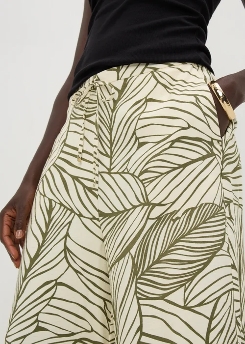 Khaki Leaf Print Twill Wide Leg Culotte Trousers - 22 Image 3