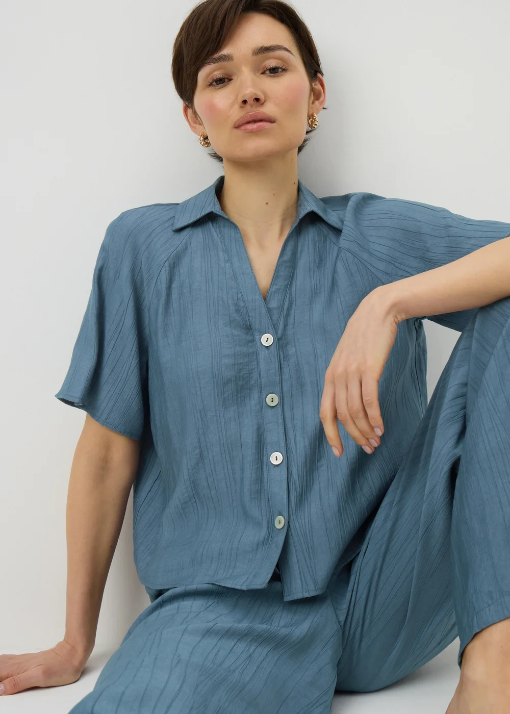 Blue Crinkle Textured Co Ord Shirt - 18 Image 1