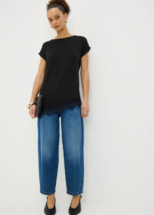 Black Asymmetric Lace Trim T-Shirt - Size 8 Image 1