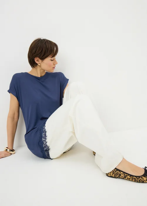 Navy Asymmetric Lace Trim Top - Size 8 Image 1