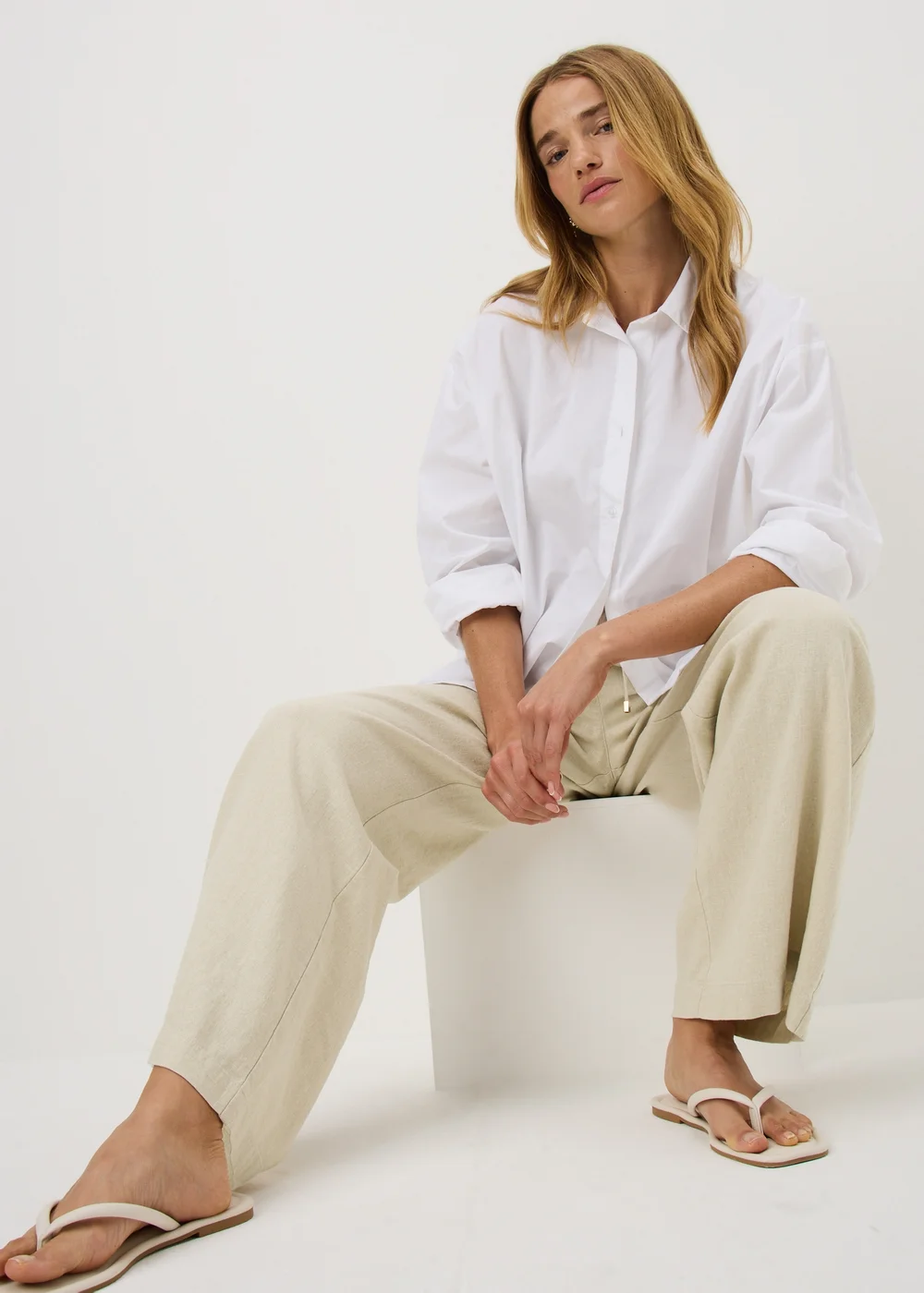 Oatmeal Linen Blend Wide Leg Trousers - Size 08 29 leg Image 1
