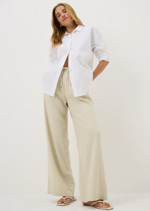 Oatmeal Linen Blend Wide Leg Trousers - Size 08 29 leg Image 2