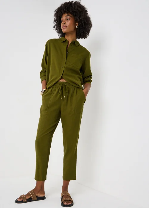 Olive Linen Blend Tapered Cropped Co Ord Trousers - 22 Image 1