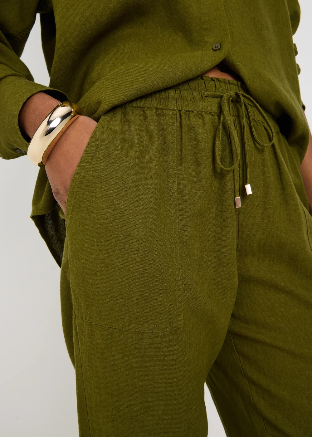 Olive Linen Blend Tapered Cropped Co Ord Trousers - 22 Image 3