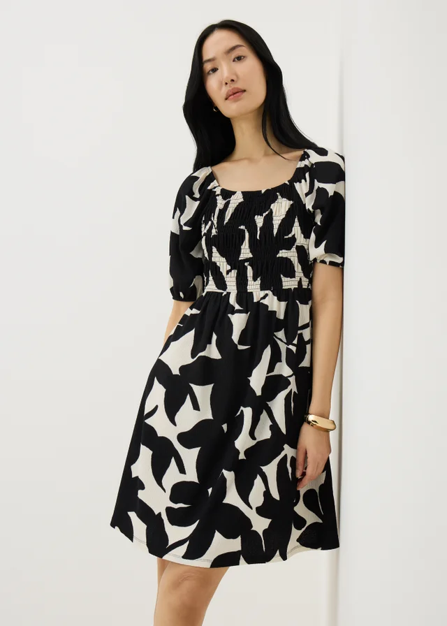 Black Abstract Floral Shirred Mini Dress