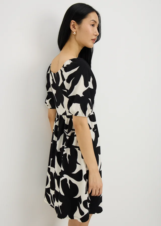 Black Abstract Floral Shirred Mini Dress