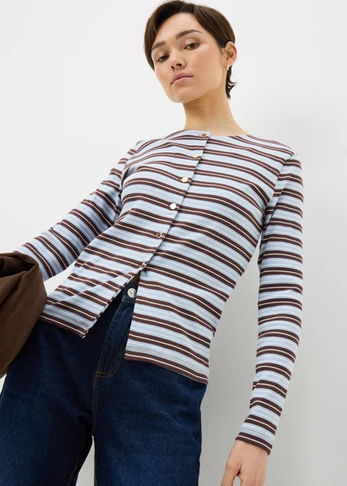 Blue Stripe Ribbed Jersey Cardigan Top - Size 8 Image 1