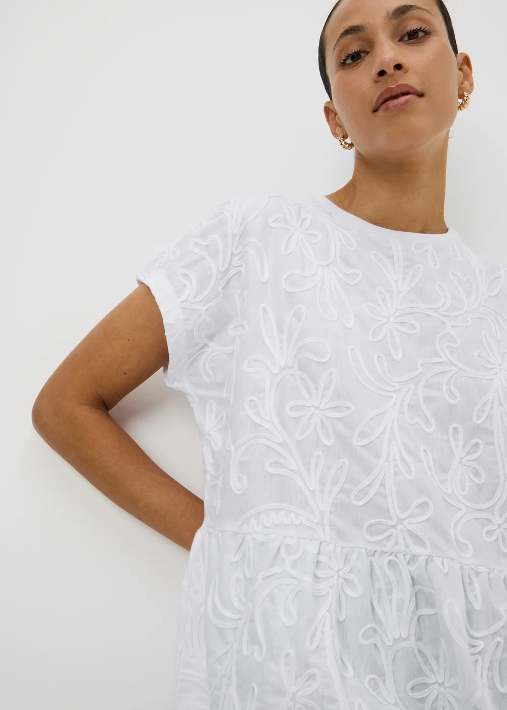 White Floral Textured Peplum T-Shirt - 18 Image 2