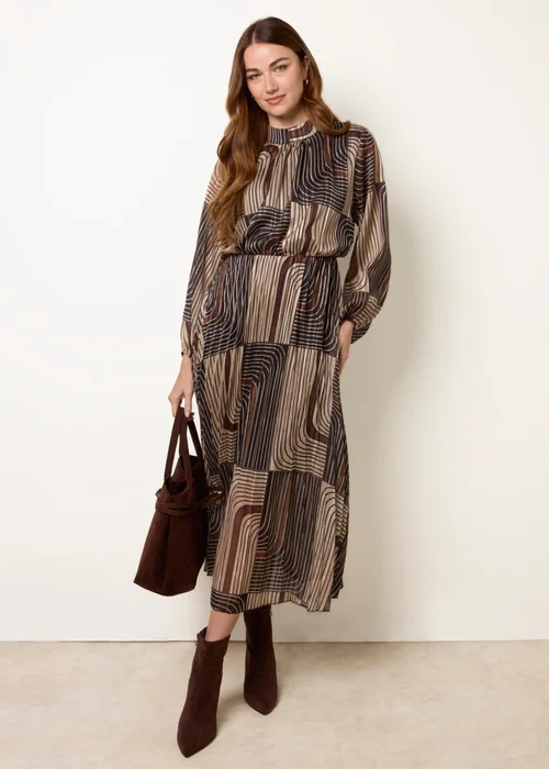 Blue Vanilla Black Geometric High Neck Pleated Dress - S Image 2