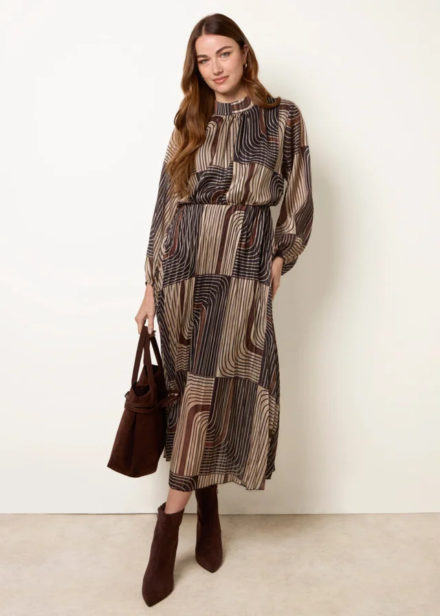 Blue Vanilla Black Geometric High Neck Pleated Dress