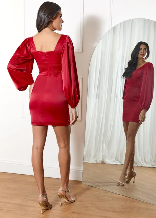 Chi Chi London Red Balloon Sleeve Plunge Bodycon Dress - Size 10 Image 4