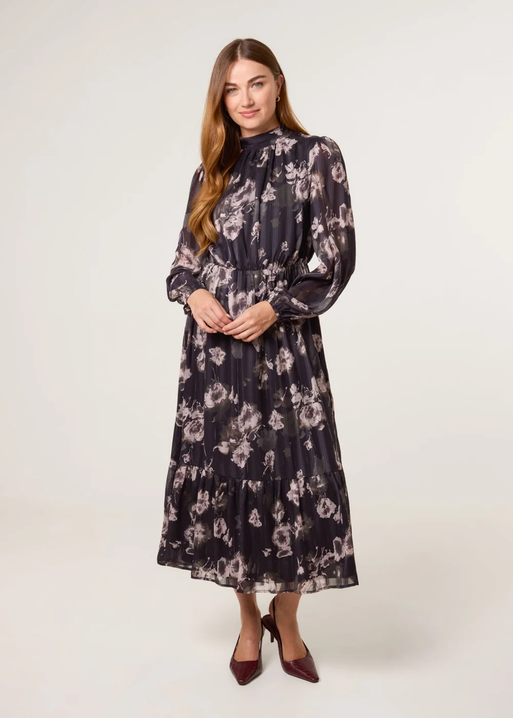 Blue Vanilla Black High Neck Floral Puffball Pleated Midi Dress - 18-20 Image 1