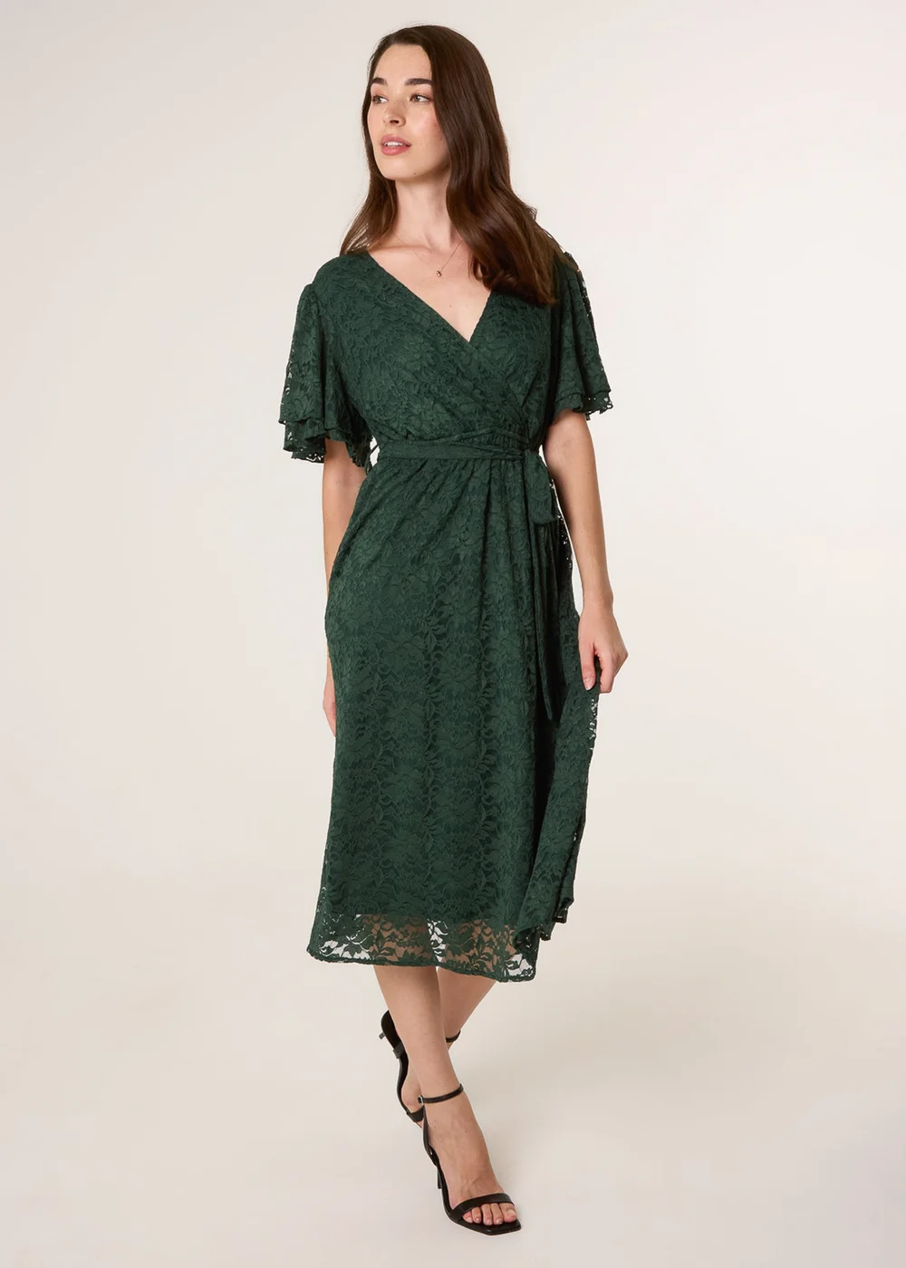 Blue Vanilla Green Double Angel Sleeve Lace Midi Dress - L Image 1