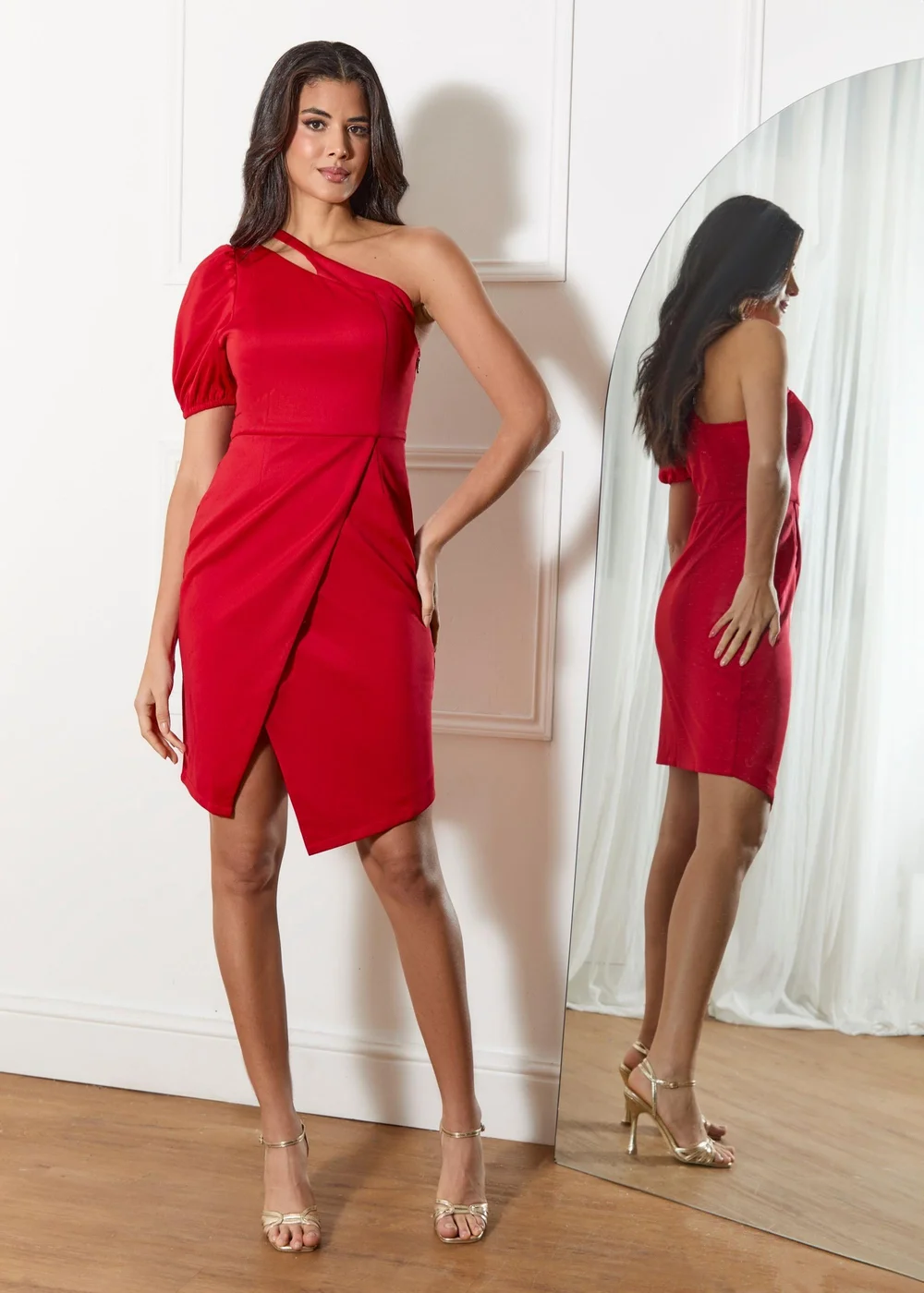 Chi Chi London Red One Shoulder Puff Sleeve Bodycon Mini Dress - Size 8 Image 1