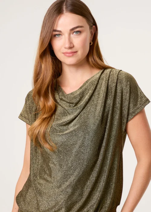 Blue Vanilla Tan Lurex Cowl Neck Draped Top - Medium/Large Image 3