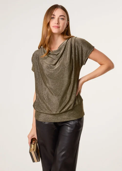 Blue Vanilla Tan Lurex Cowl Neck Draped Top - Medium/Large Image 1